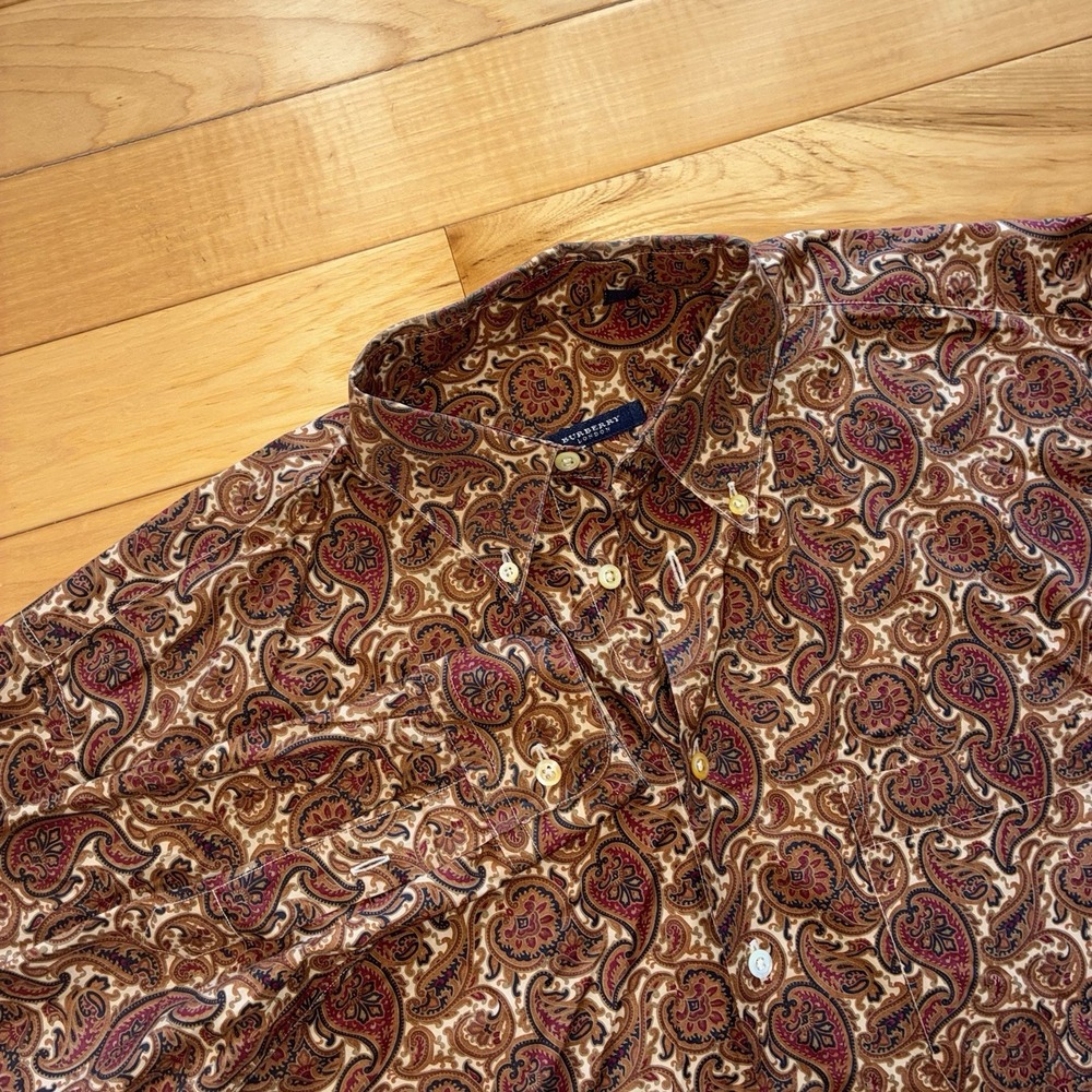 Vintage Burberry 90's Paisley Mosaic Red Multicolor Button Down Shirt L USA Made - Picture 3 of 6